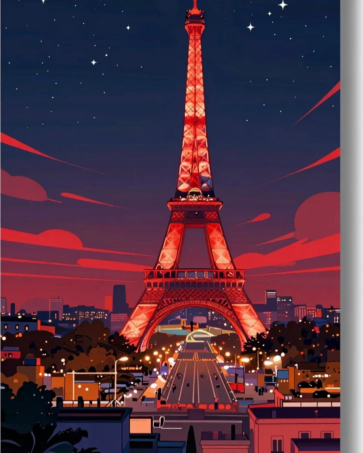 Vibrant superhero fan illustration art showing an atmospheric Paris skyline under a starry night sky with dynamic red li